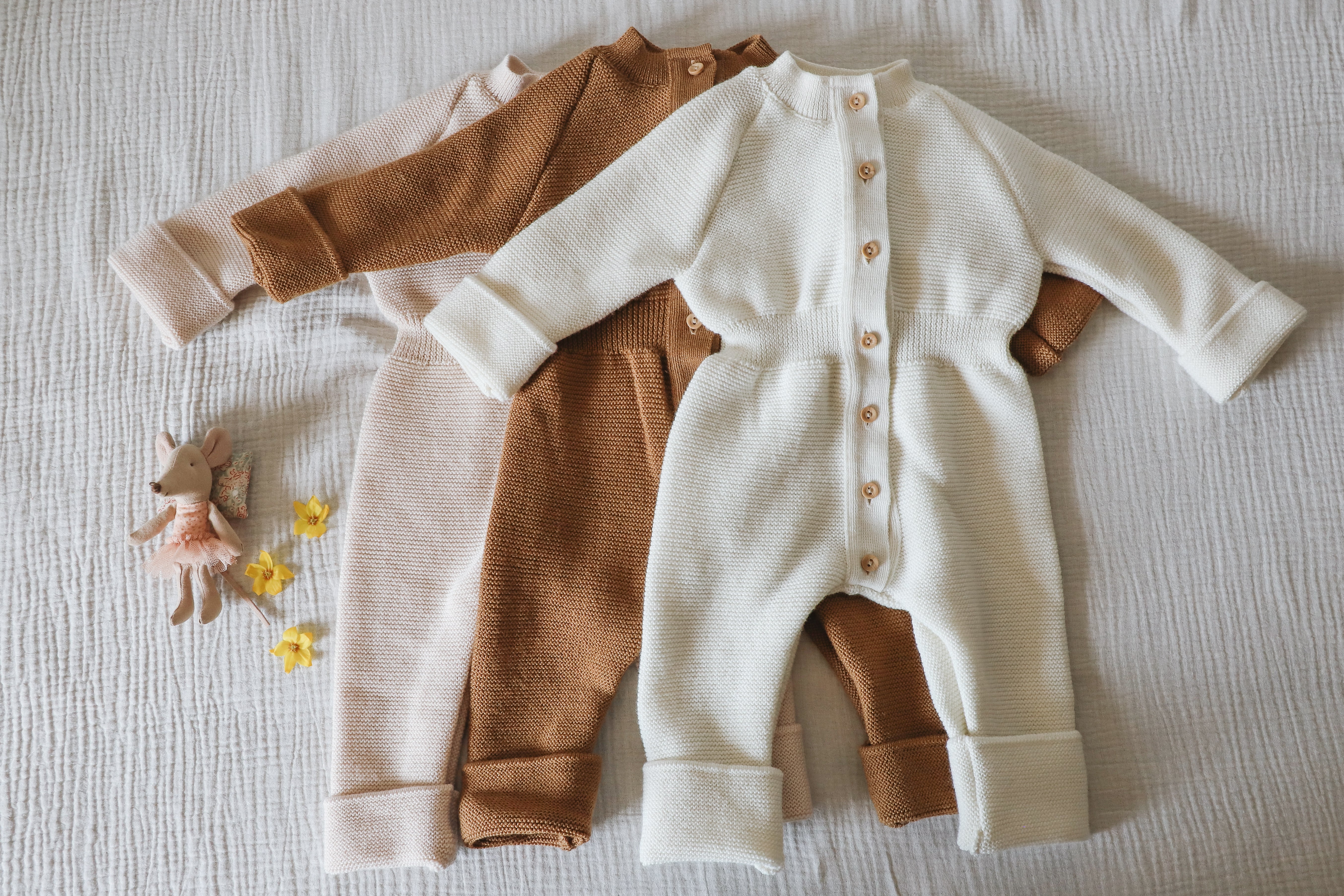 Combinaison bébé RÉTRO -Ecru - tricotée en France