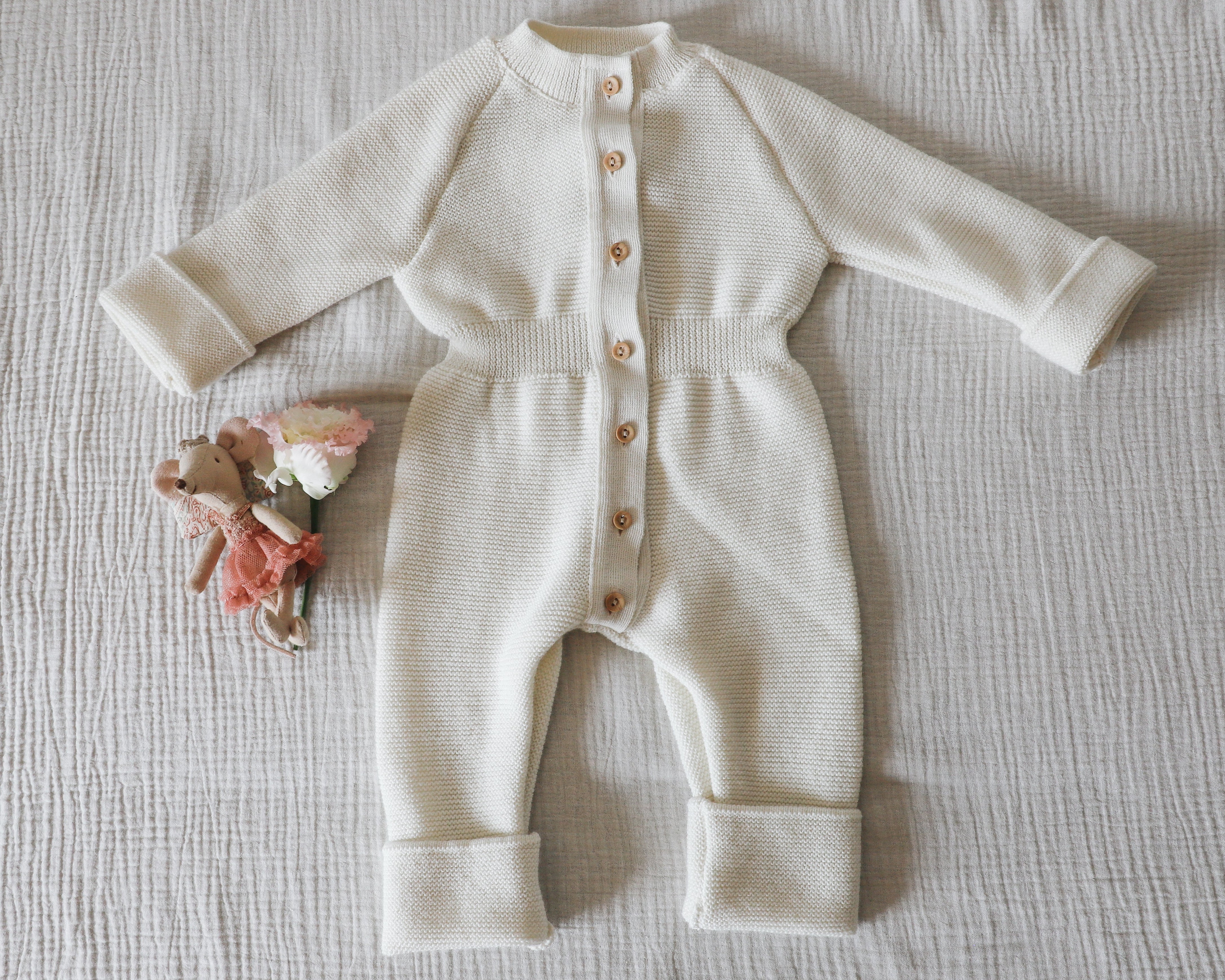 Combinaison bébé RÉTRO -Ecru - tricotée en France