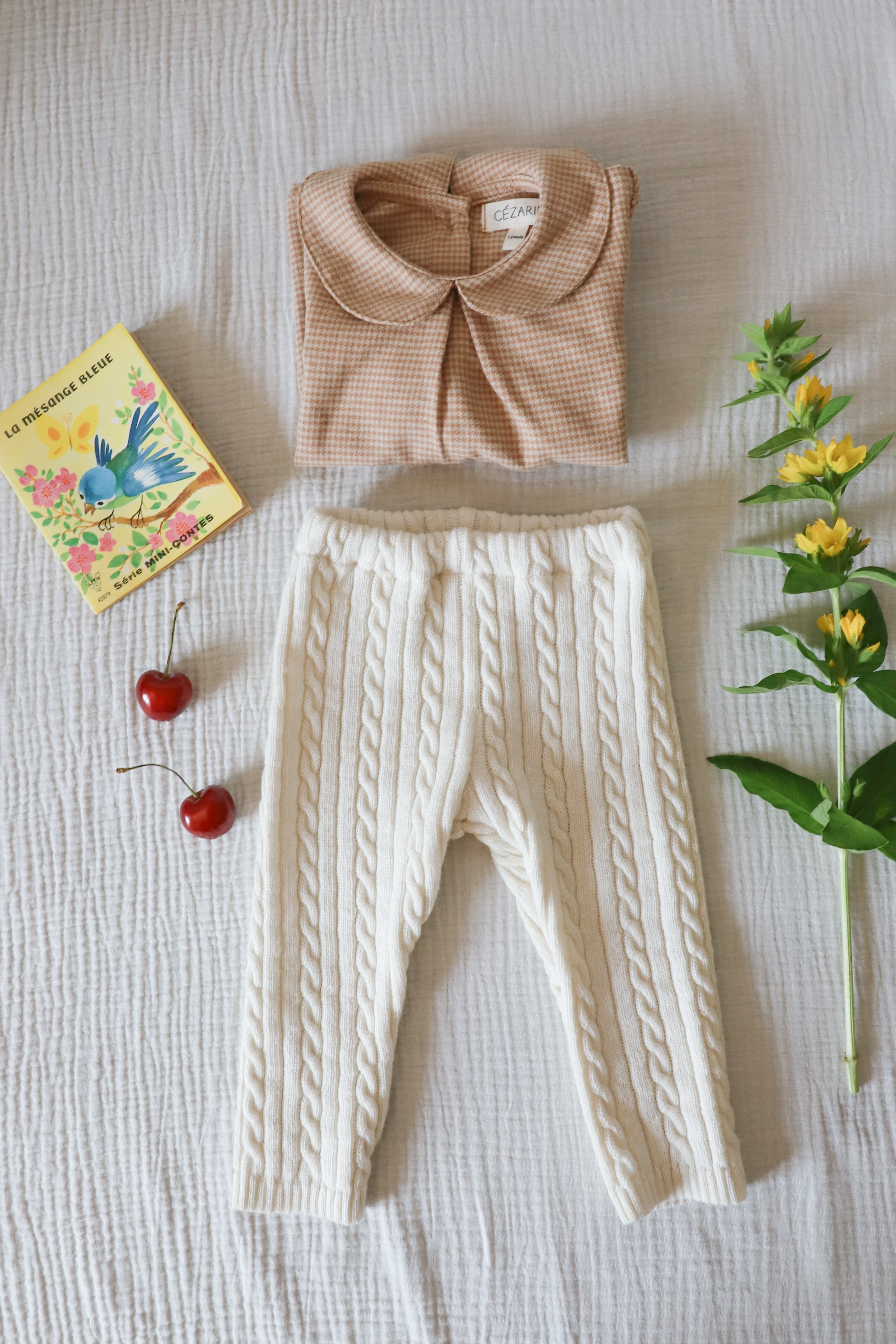 Pantalon en maille torsadée - Ecru - tricoté en France