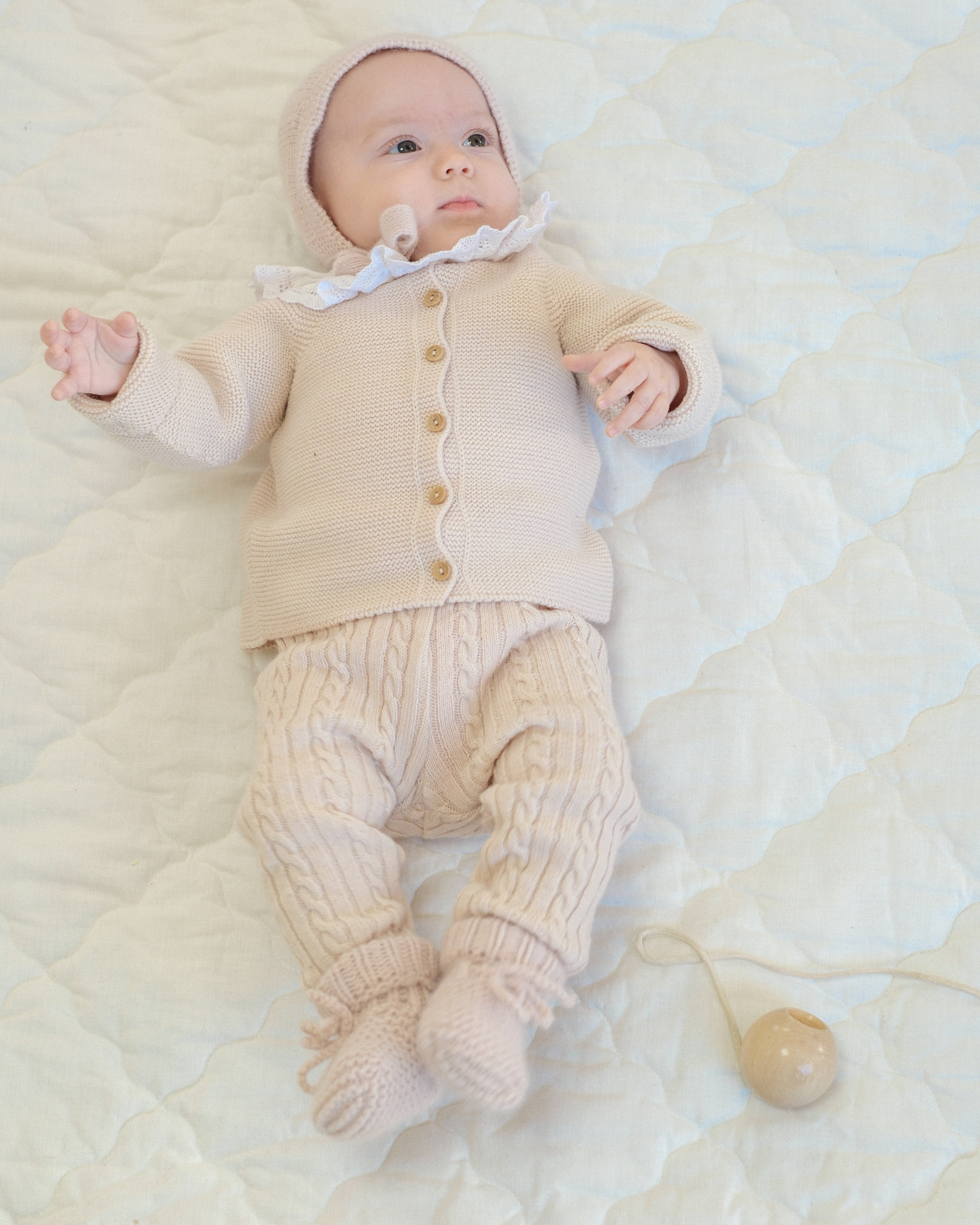 Pantalon en maille torsadée - Rose dragée - tricoté en France