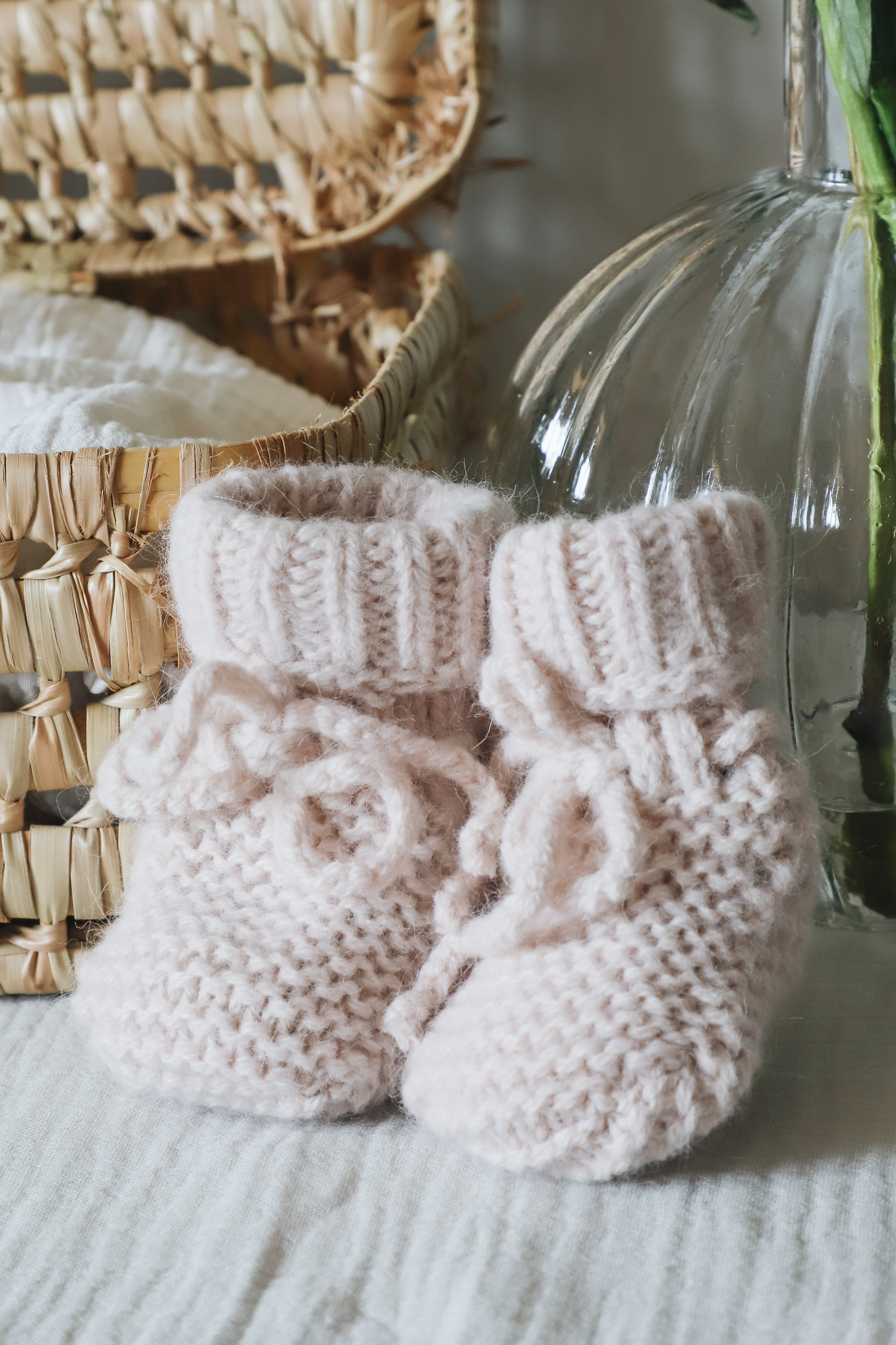 Chausson point mousse - Rose dragée - tricoté en France