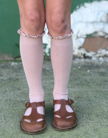 Chaussettes hautes volantées, couleur rose poudré