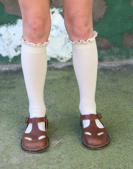Chaussettes hautes volantées , couleur lin